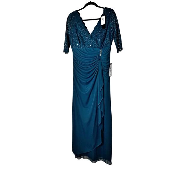 Betsy & Adam V-Neck Lace-Bodice Gown Dress Lined Peacock Size 12 Petite  NWT - Picture 5 of 10